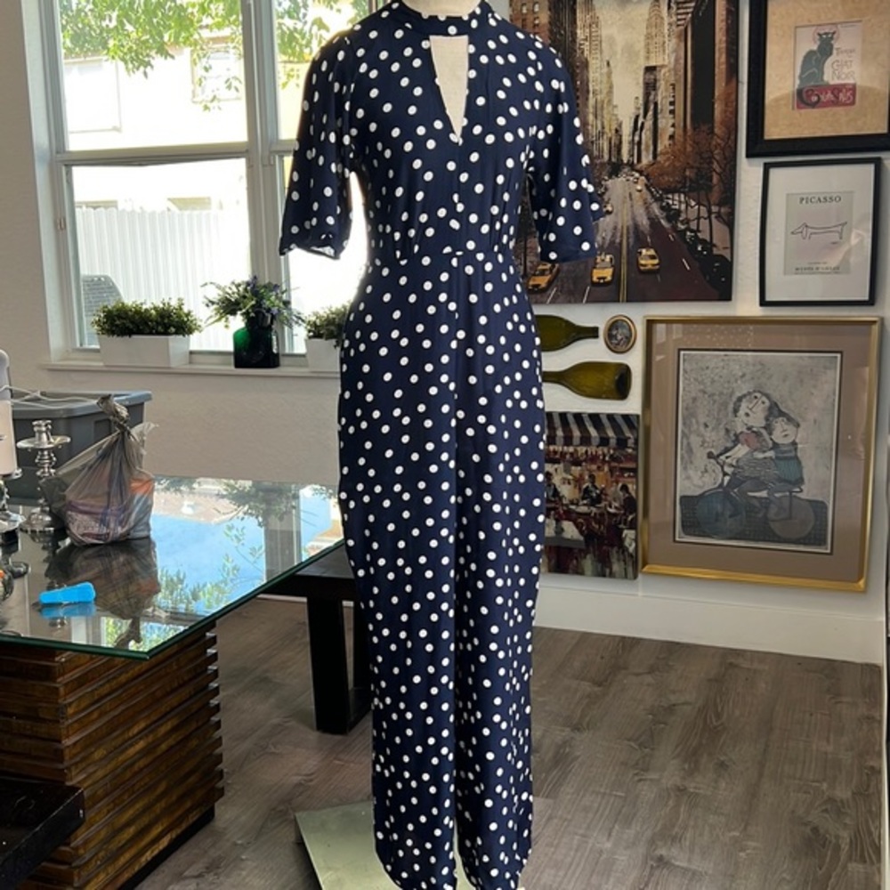 Zara Navy Polka Dot Jumpsuit